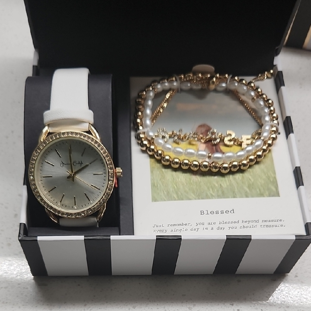 Gold and White Watch with Crystal Embellishments